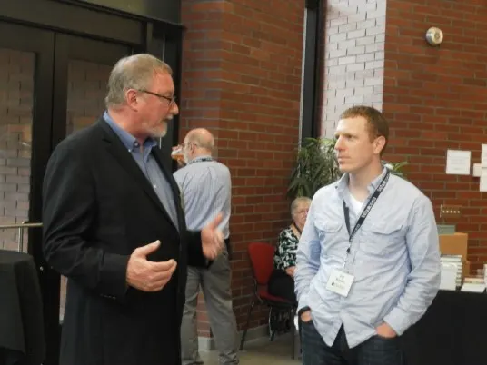 Conference Emcee Bob Winters and Jeff Bender stopped for a Chaucerly chat. Jeff hosted a panel on adventures in narrative design; he is a former faculty member of the CWC. In fact, I never laughed so hard as hearing his modern comedic version of The Odyssey at the faculty reading.