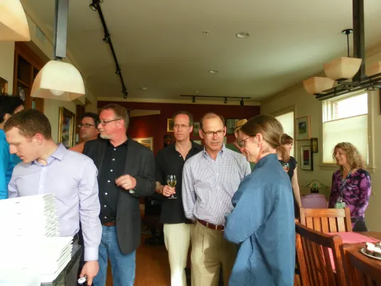 The party got started, writer style. We stood around and talked about, well, writing. And books. Reading books. 